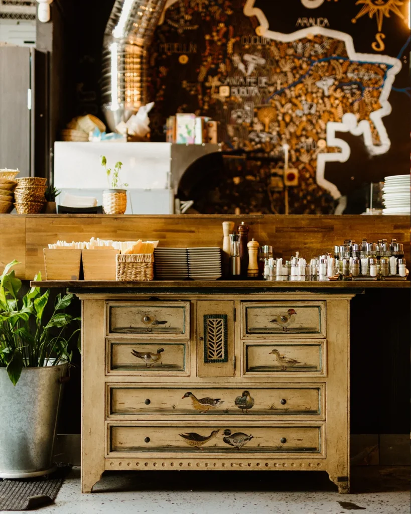 Counter and interior details with warm lights, curated venue look and feel