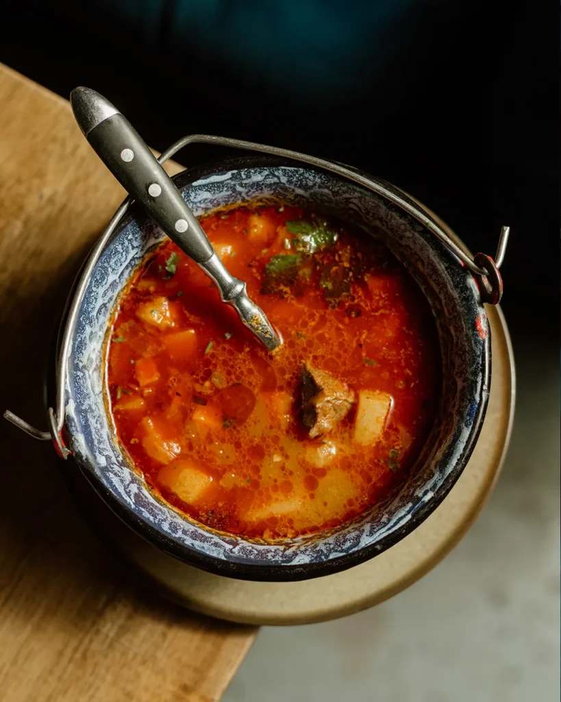 Traditional gulyas-style soup in a pot with rich colour, used as a Budapest food search visual