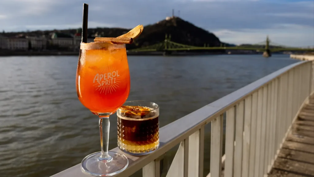 Cocktails by the Danube in Budapest on a riverside terrace with panoramic view