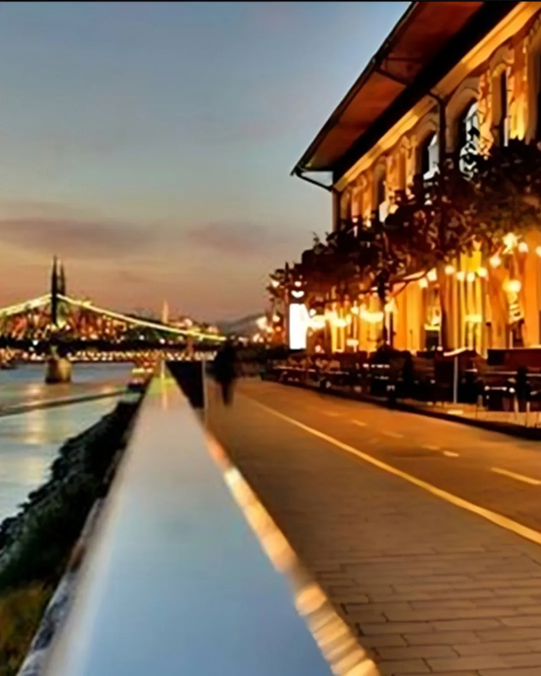 Danube view restaurant in Budapest at sunset with riverside terrace atmosphere